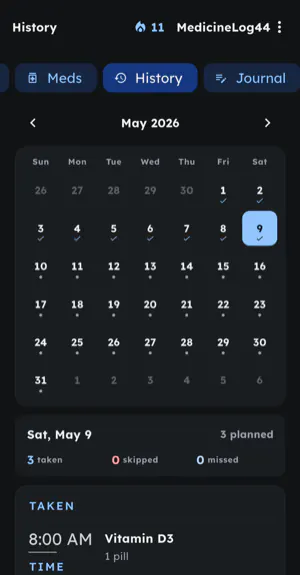 MedicineLog44 — History calendar